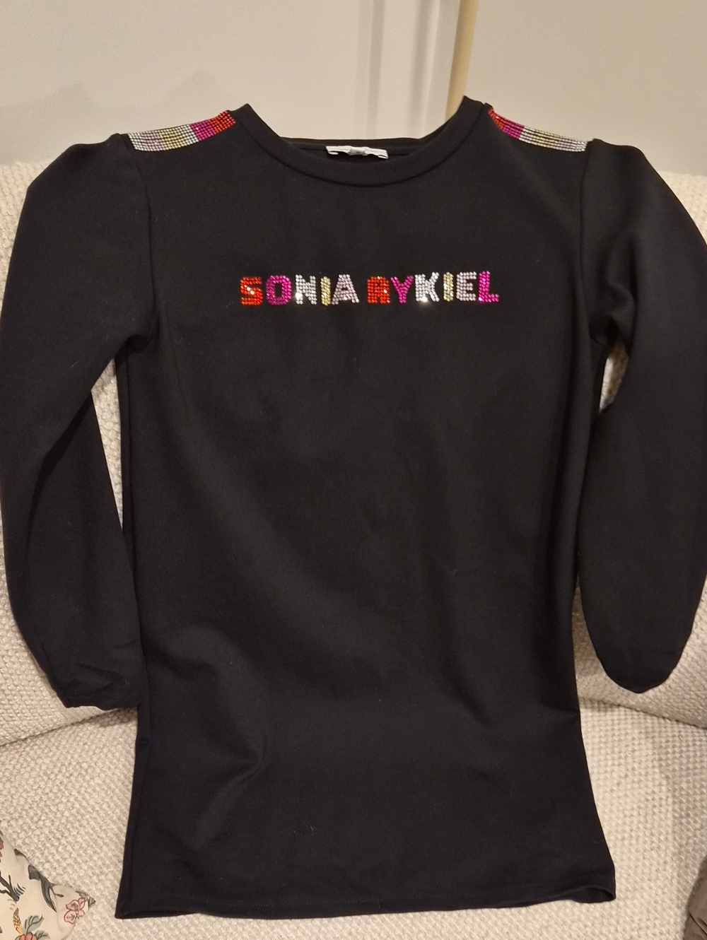 Sonia Rykiel Black Long Sleeve Top with Multicolor Rhinestone Logo